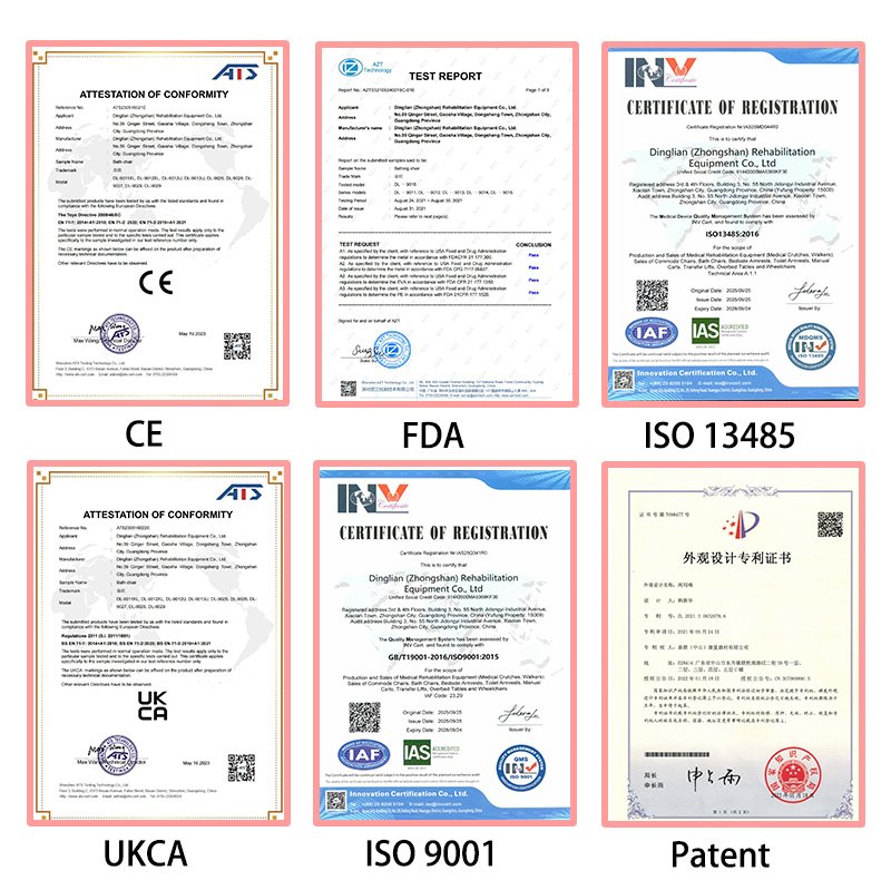 Collection of Dinglian international certifications including CE, FDA, ISO 13485, ISO 9001, UKCA, and RoHS displayed together