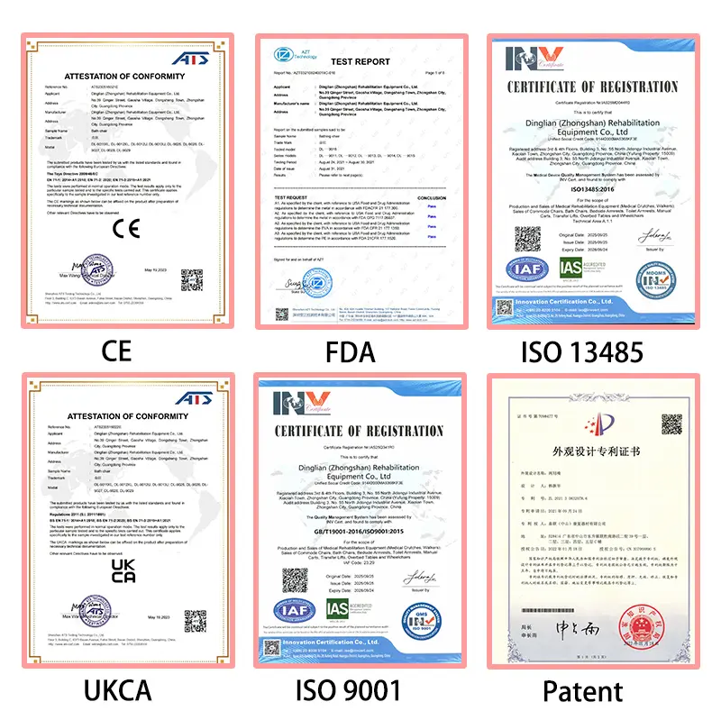 Collection of Dinglian international certifications including CE, FDA, ISO 13485, ISO 9001, UKCA, and RoHS displayed together