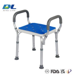 Adjustable height shower chair with backrest and armrests for elderly independent bathing