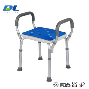 Adjustable height shower chair with backrest and armrests for elderly independent bathing