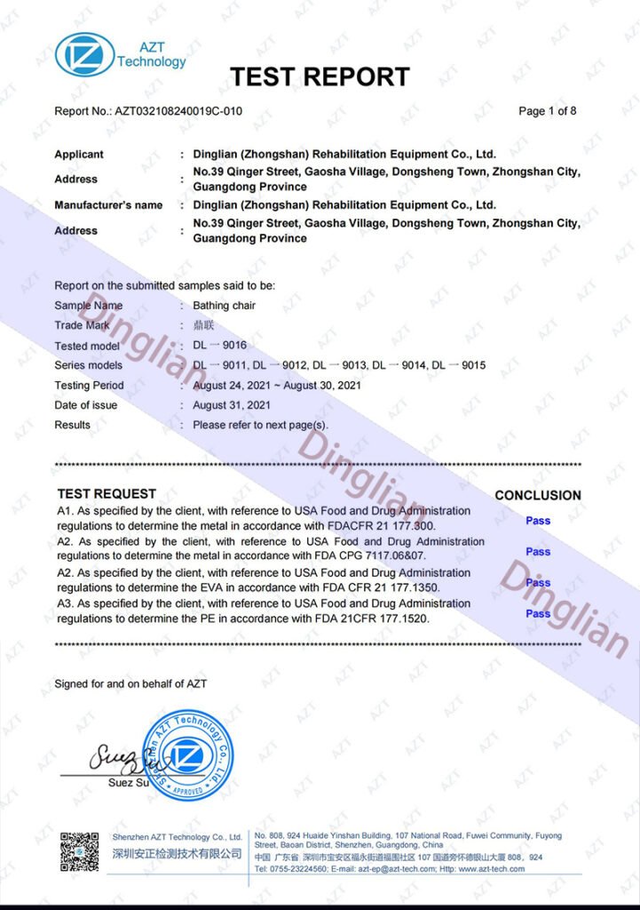 FDA registration certificate for medical shower chairs and commode equipment - US market approved