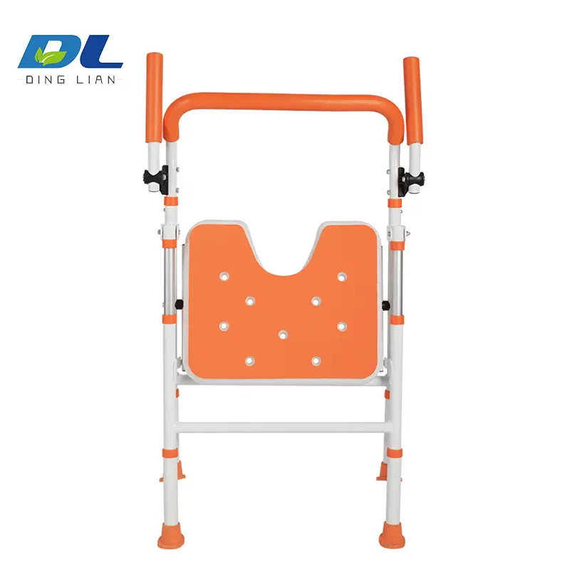Close-up view of the push-button height adjustment mechanism on a shower chair leg.