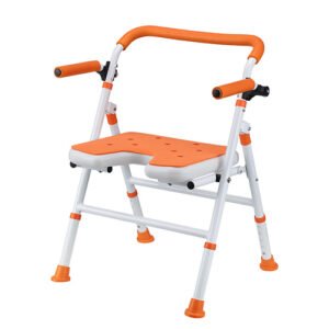 An elderly woman safely using a white shower chair in her walk-in shower.