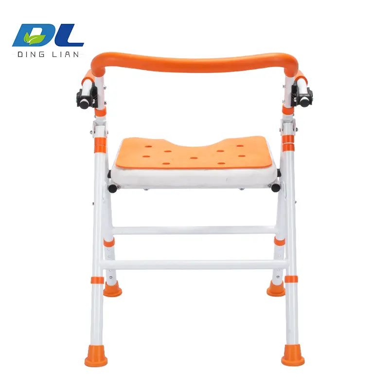 A sturdy white shower chair with an adjustable height feature and supportive backrest, placed in a modern bathroom.