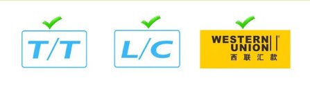 Logos for secure B2B payment options including Letter of Credit (L/C), Telegraphic Transfer (T/T), and Western Union.