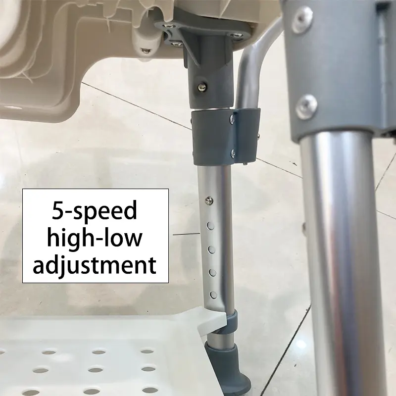 Close-up of the 5-step height adjustment mechanism on the DL-9052 shower chair leg, showing secure locking positions.