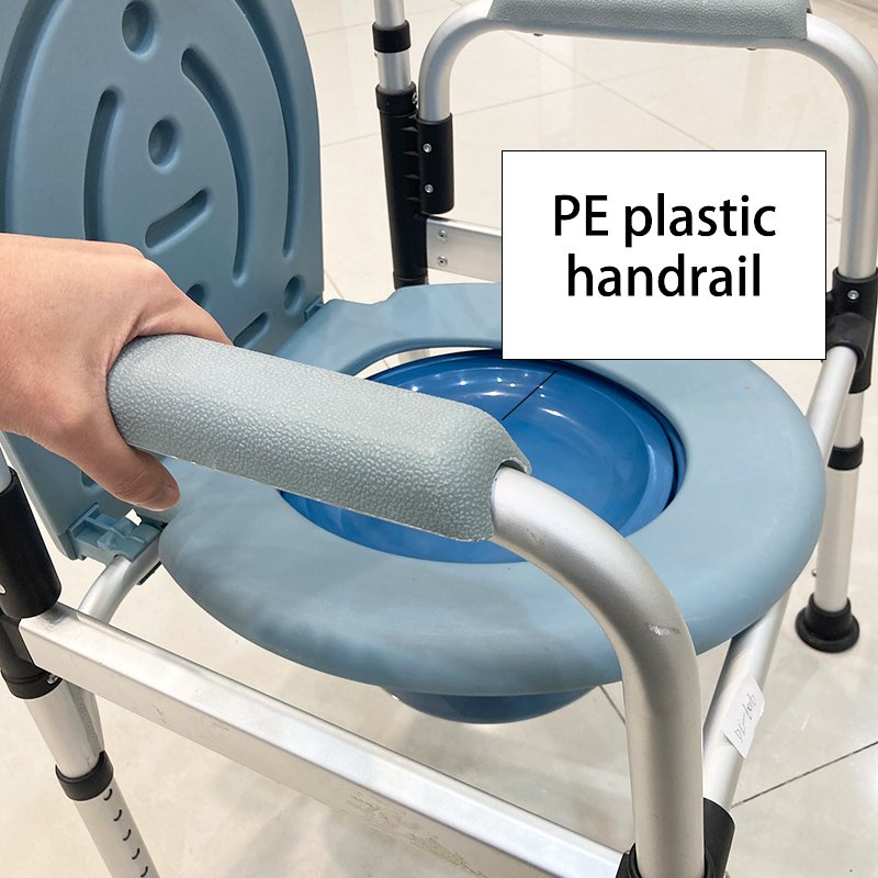 Detail of the sturdy, rounded PE plastic armrests on the DL-6016L commode chair.