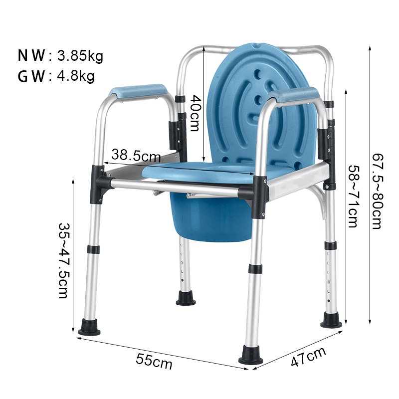 Detailed technical diagram with labeled dimensions (height, width, depth) and key clearance zones for the DL-6016L commode chair.