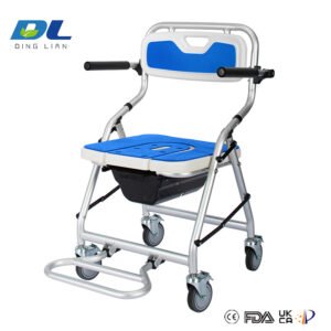 Folding commode chair in compact folded position for storage