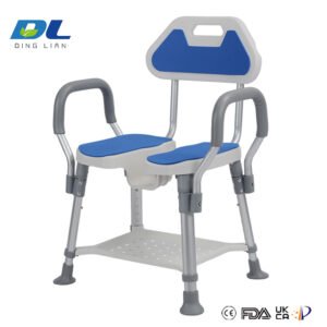 Senior seated comfortably on DL-9052 shower chair with contoured seat in bathroom