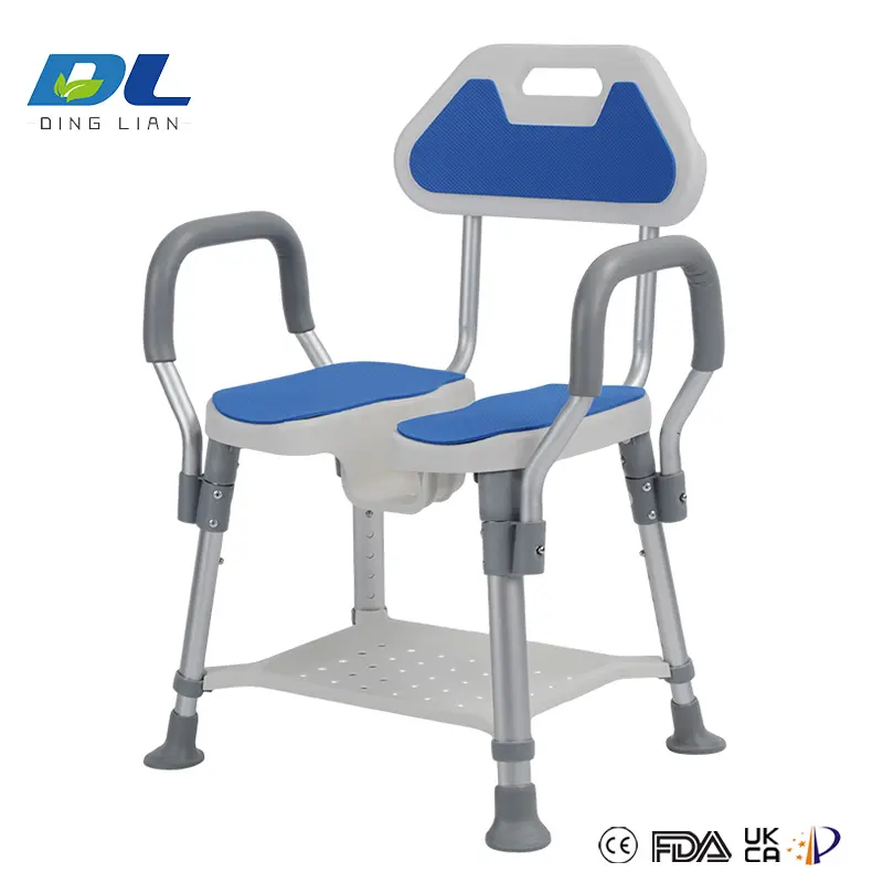 Senior seated comfortably on DL-9052 shower chair with contoured seat in bathroom