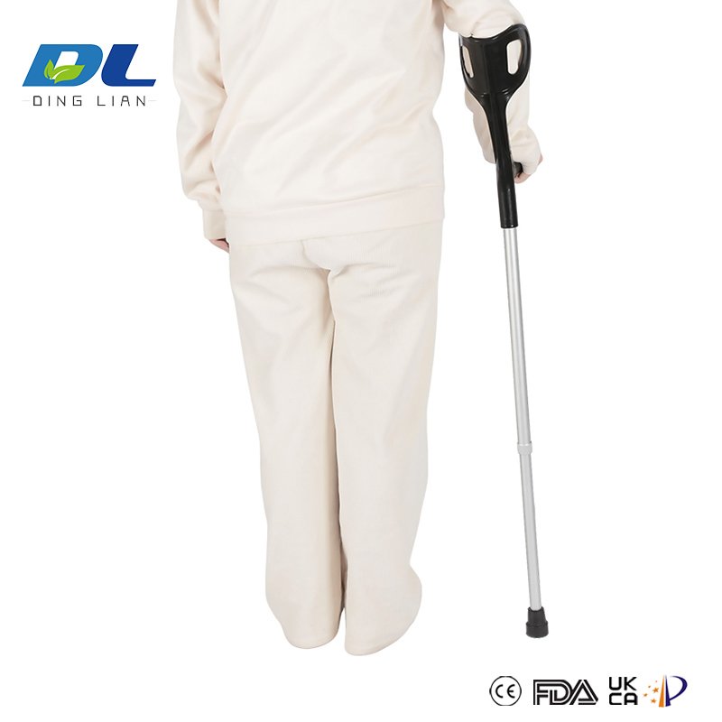 Side view of elbow crutch showing reinforced frame and comfortable hand grip