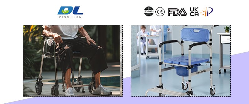 Caregiver using ergonomically designed commode chair in nursing home environment