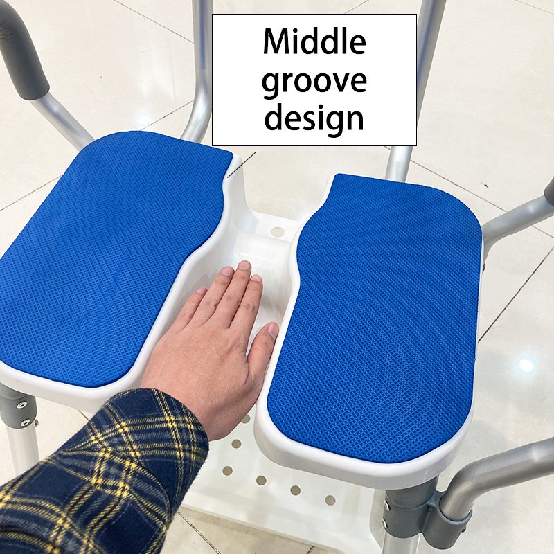 Angled view showing the contoured center cut-out design of the DL-9052 shower chair seat for hygiene and comfort.
