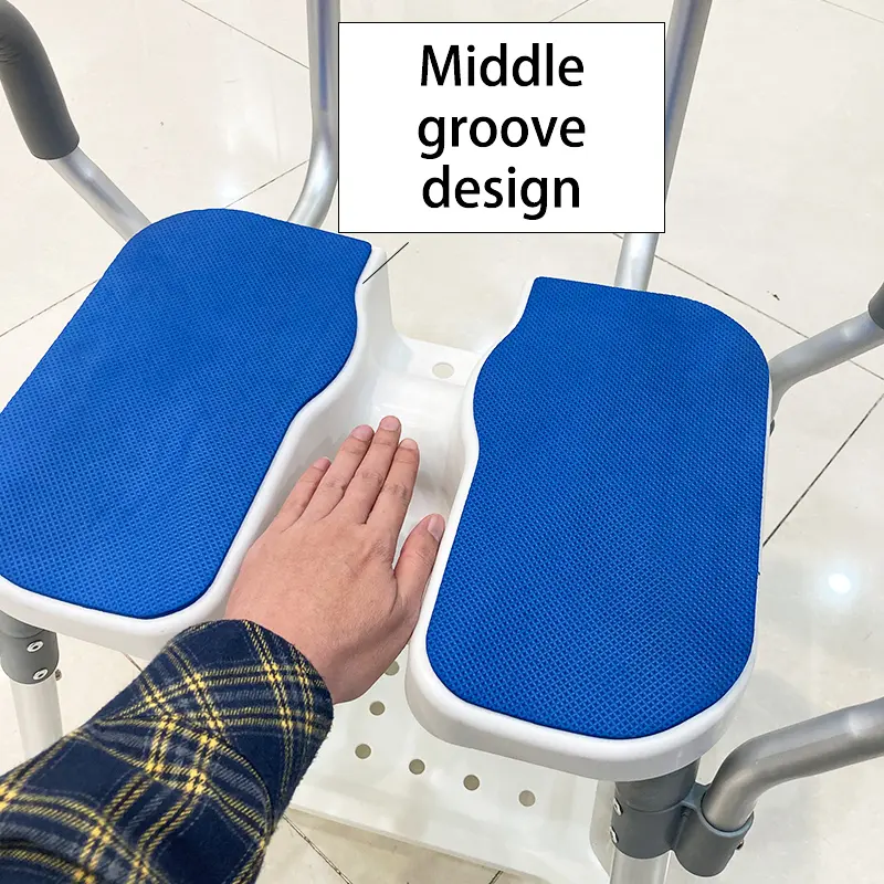Angled view showing the contoured center cut-out design of the DL-9052 shower chair seat for hygiene and comfort.