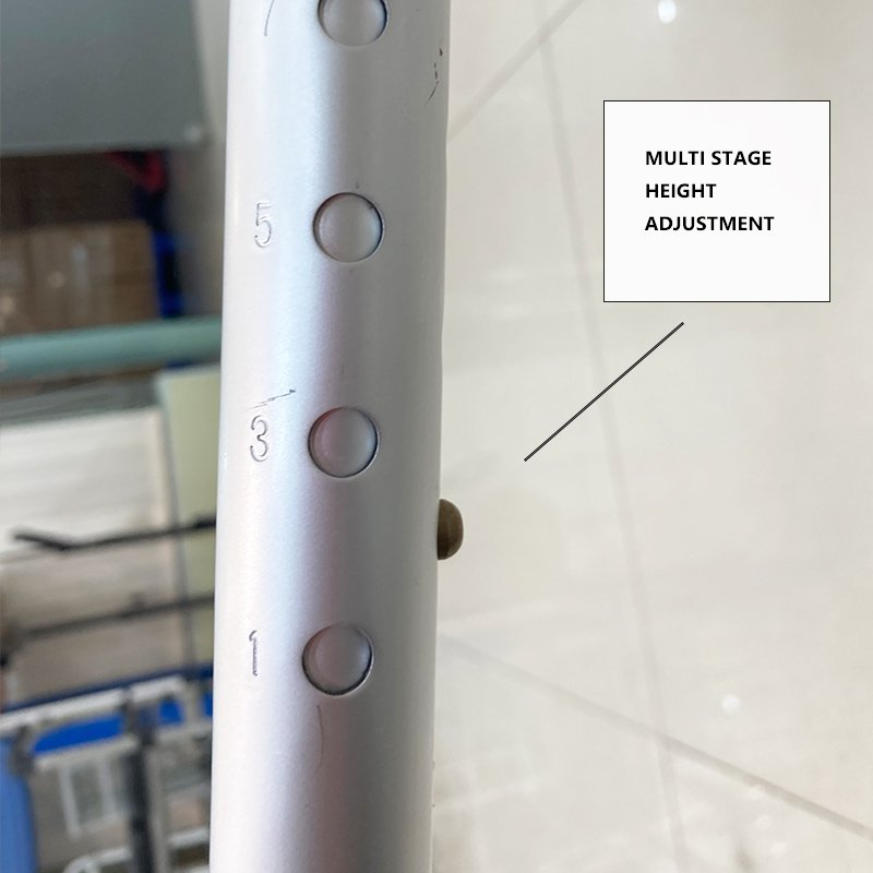 Adjustable leg height mechanism on Transfer Bench 9017 allowing precise leveling for different bathtub heights