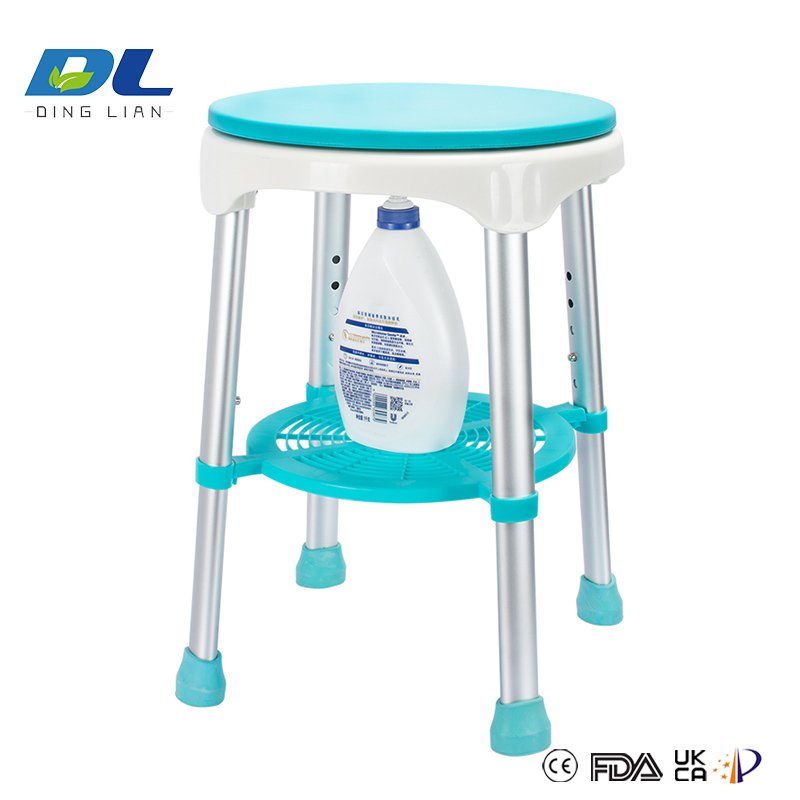Side-angle view of a shower chair showing the lightweight frame and supportive backrest.