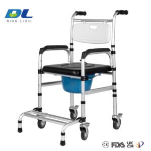 Close-up of a commode chair seat with removable pail for convenient cleaning.