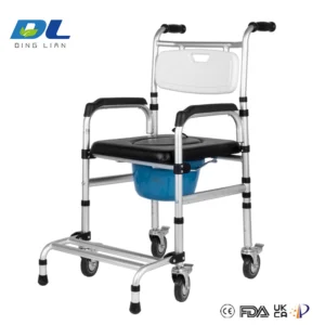 Close-up of a commode chair seat with removable pail for convenient cleaning.
