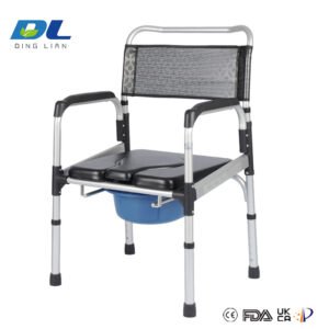 Front view of an adjustable commode chair with a stable frame and supportive armrests for safe toileting.