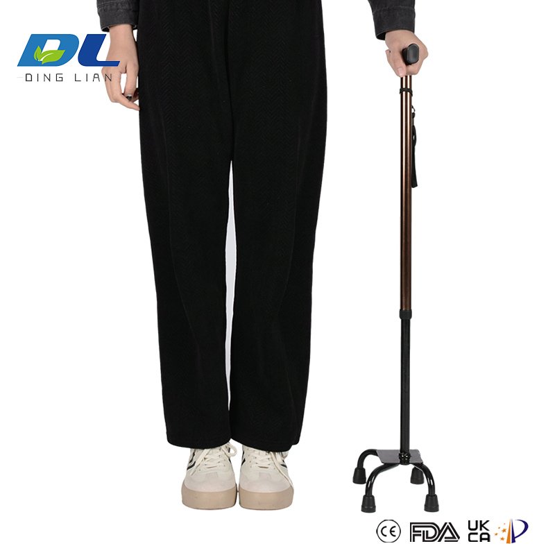 Side view of four-legged quad cane showing strong frame and stability base