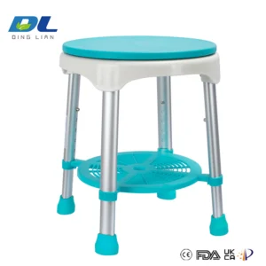 Front view of a shower chair with a stable frame and non-slip feet for safe seated bathing.