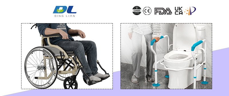 Nursing home caregivers handling daily mobility and bathroom safety equipment