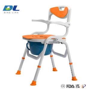 Front view of a commode chair with a supportive frame and removable pail for easy toileting
