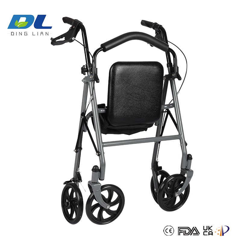 Outdoor rollator walker with seat and storage bag for elderly mobility