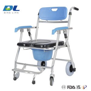 Folding commode chair with wheels and padded backrest for elderly support