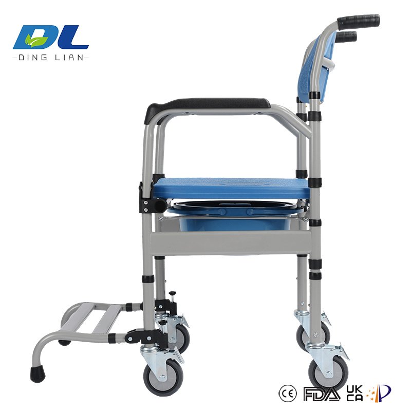 Footrests folded up for storage on DL-6025T commode chair