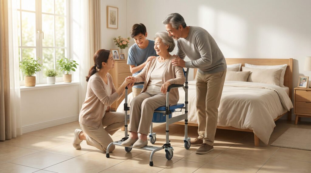 Bedside commode designed for daily comfort and stability, supporting elderly users during nighttime and limited-mobility use