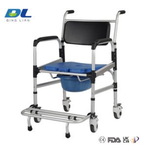 Wheeled commode chair with padded backrest for elderly mobility support