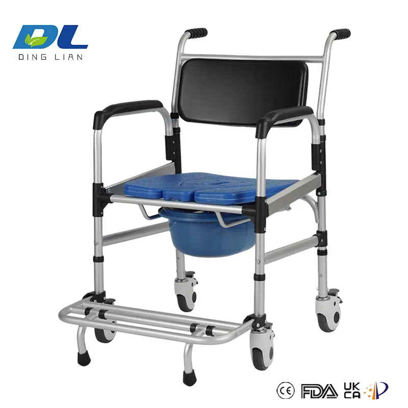 Wheeled commode chair with padded backrest for elderly mobility support