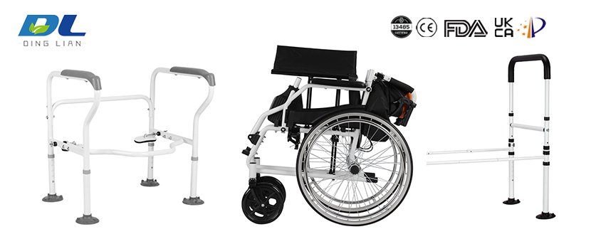 Caregiver assisting senior patient with supportive elderly care equipment