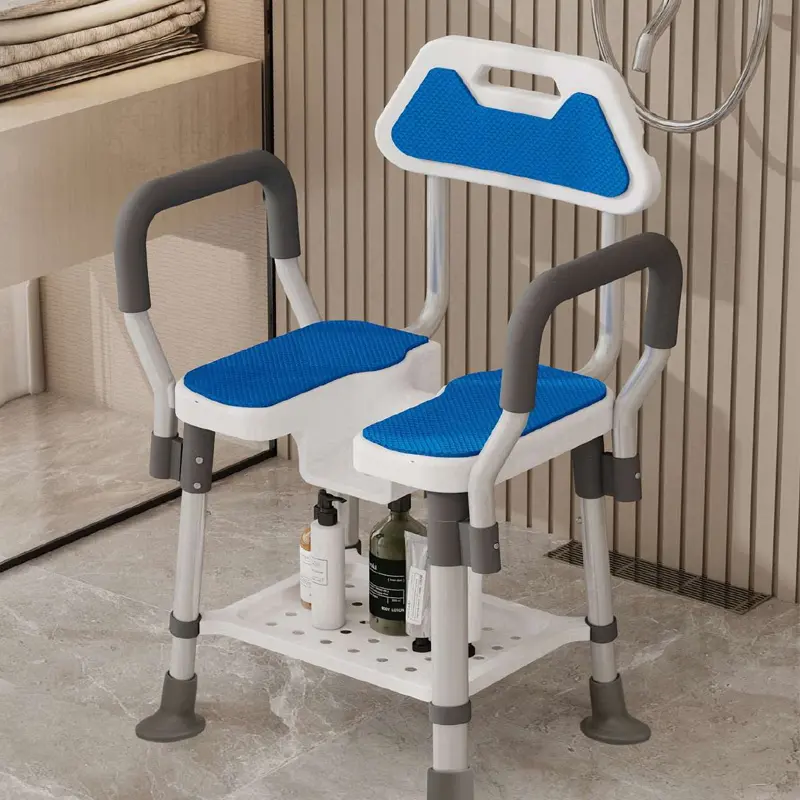 Close-up of contoured seat with drainage groove on DL-9052 shower chair