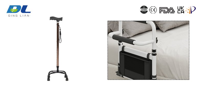 Nursing home safety support with bedside handrails and walking aids