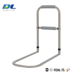 DL-3011 bedside handrail folded down flat against bed frame when not in use.