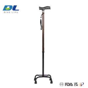 Quad cane with four-point base and ergonomic handle for stable walking support