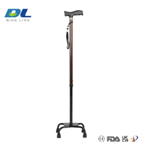 Quad cane with four-point base and ergonomic handle for stable walking support