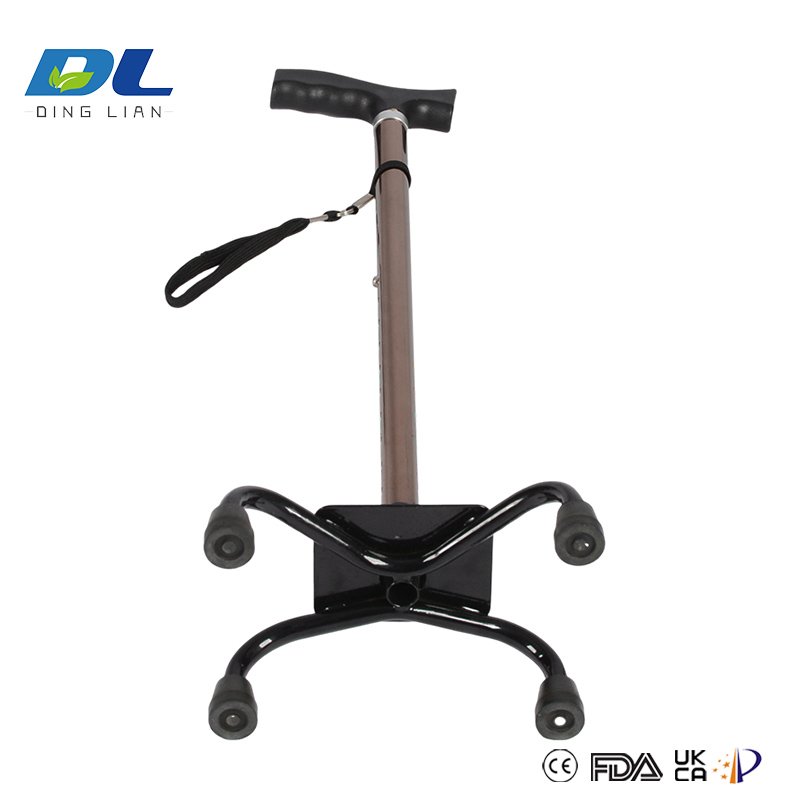 Adjustable quad cane with non-slip feet and height settings for daily mobility