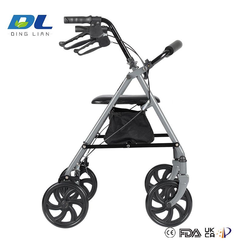 Rollator walker with ergonomic hand brakes and height-adjustable handles