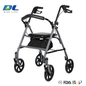 Side view of rollator walker showing sturdy frame and supportive backrest