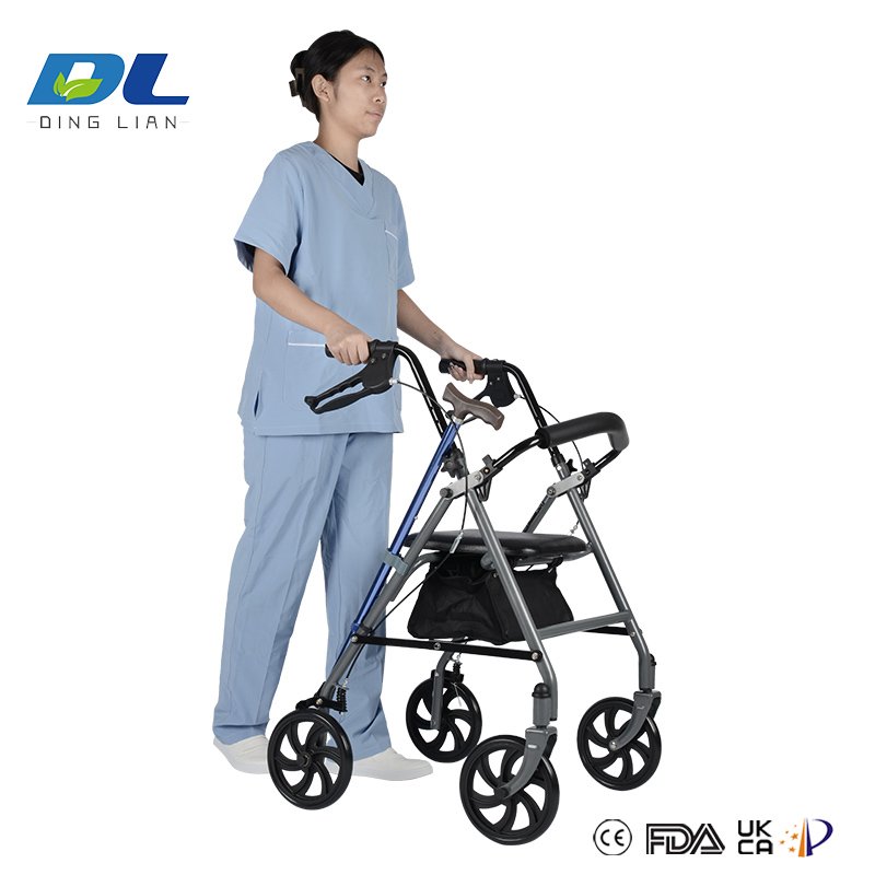 Rollator walker with four wheels for seniors seeking safe mobility support