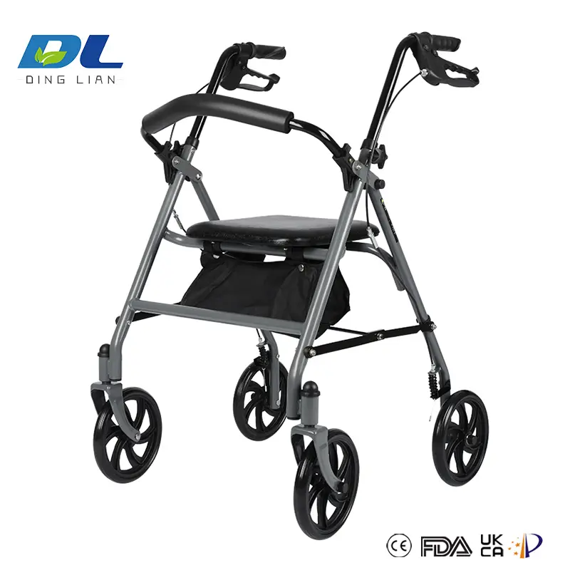 Side view of rollator walker showing sturdy frame and supportive backrest