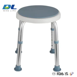 Side-angle image of a rotating shower bench showing the swivel seat and balanced frame.