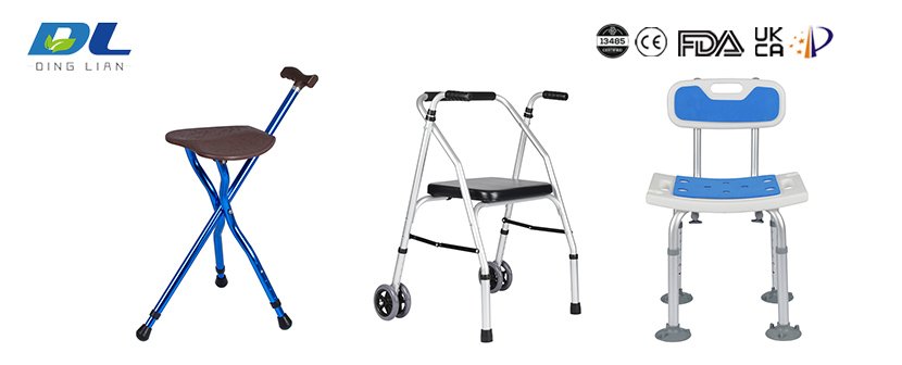 Home safety equipment including shower chair, walker and cane