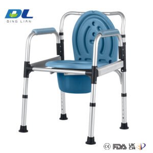 Commode toilet chair placed beside bed for nighttime convenience and elderly assistance