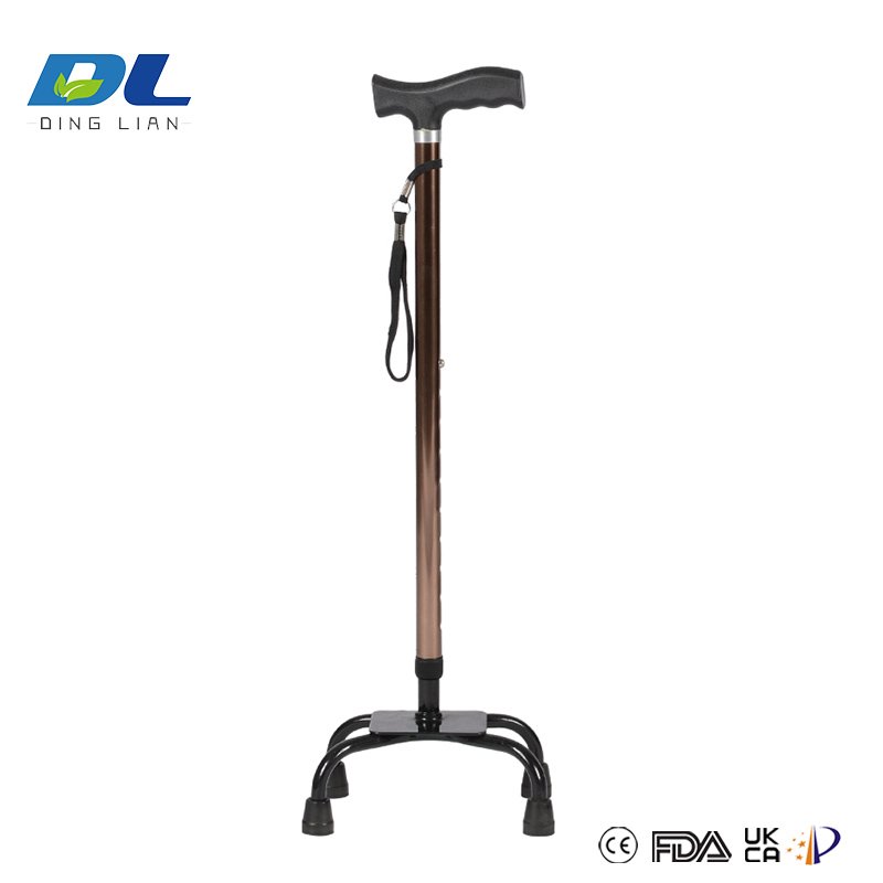 Lightweight aluminum quad cane with curved comfort-grip handle
