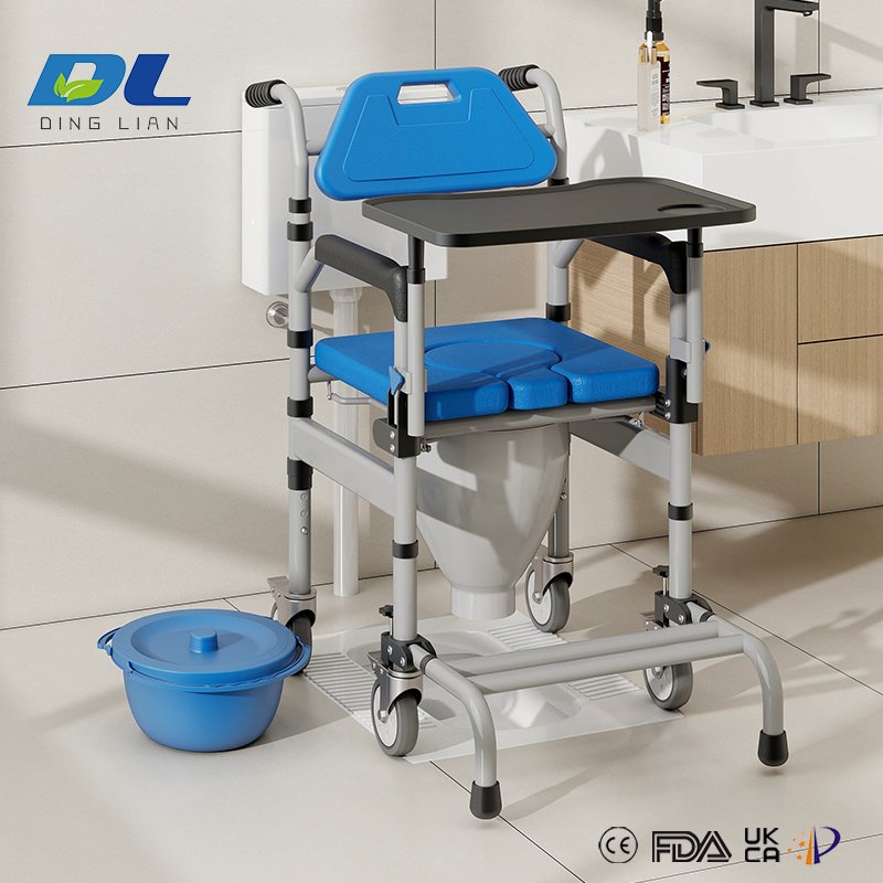Close-up of 4-inch wheels and locking brakes on DL-6025T commode chair